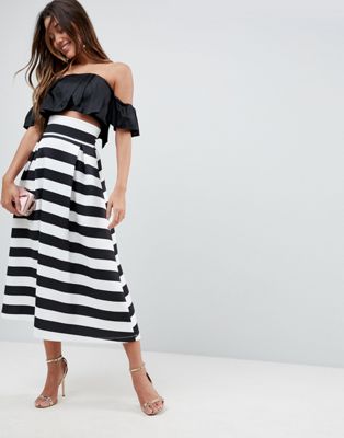 Jupe longueur mollet de bal de promo à rayures avec taille haute en néoprène ptbRM6Dp
