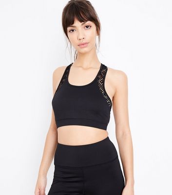 Crop top de sport noir à détail en crochet OWeG7z6j