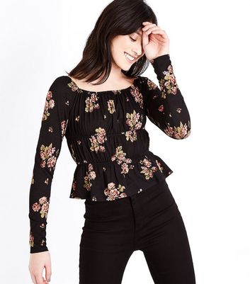 Top noir à fleurs, fronces et col carré OXX1QUeO Top noir à fleurs, fronces et col carré OXX1QUeO