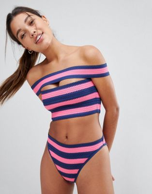 Bas de bikini rayé taille haute et échancré avec lanières élastiques croisées sur le devant effet bandage jzPS1CYK
